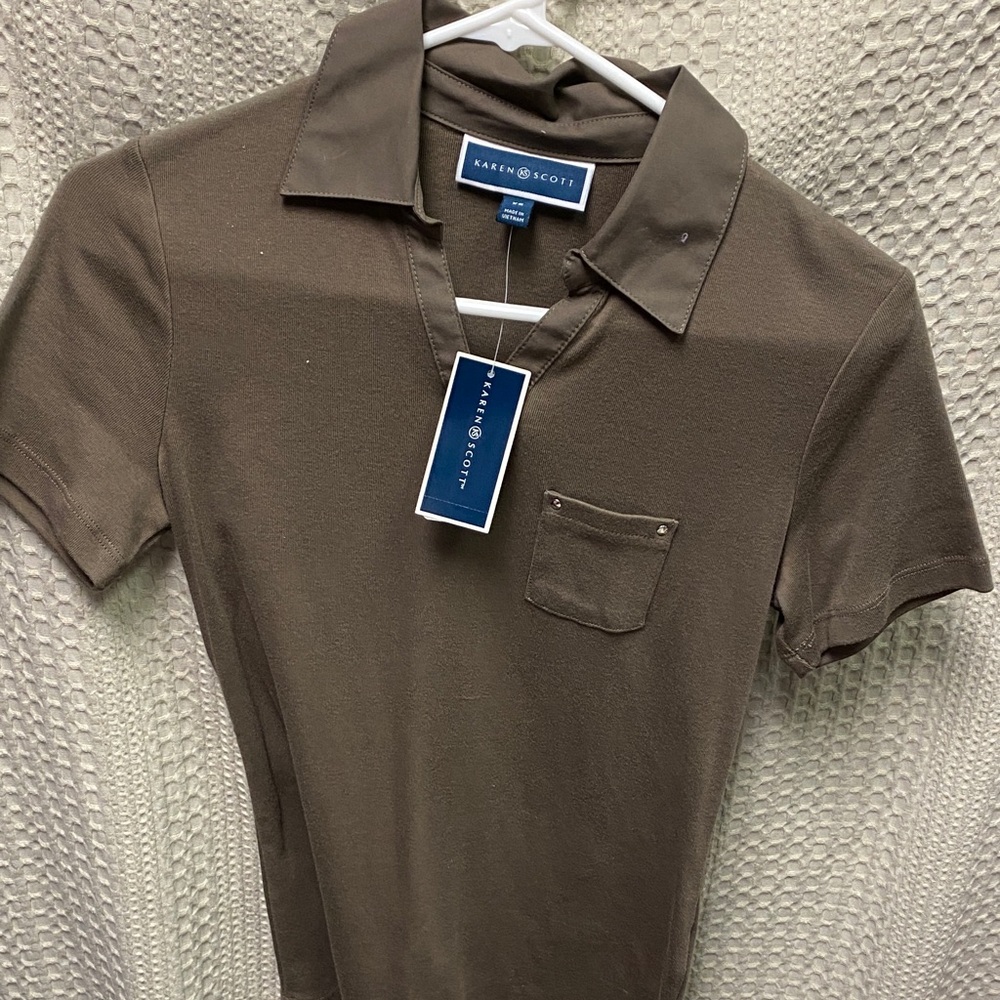 Karen Scott Men's Olive-Brown Polo with Chest Pocket